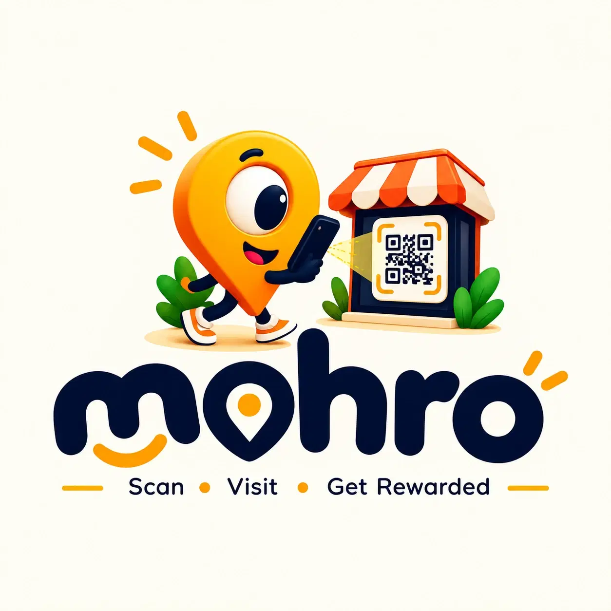 Mohro mascot scanning a shop QR code: Scan, Visit, Get Rewarded